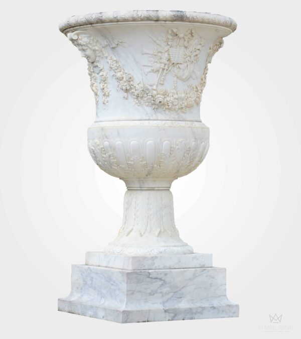 Modern Marble Sculptures - Garland Urn with Pedestal Base