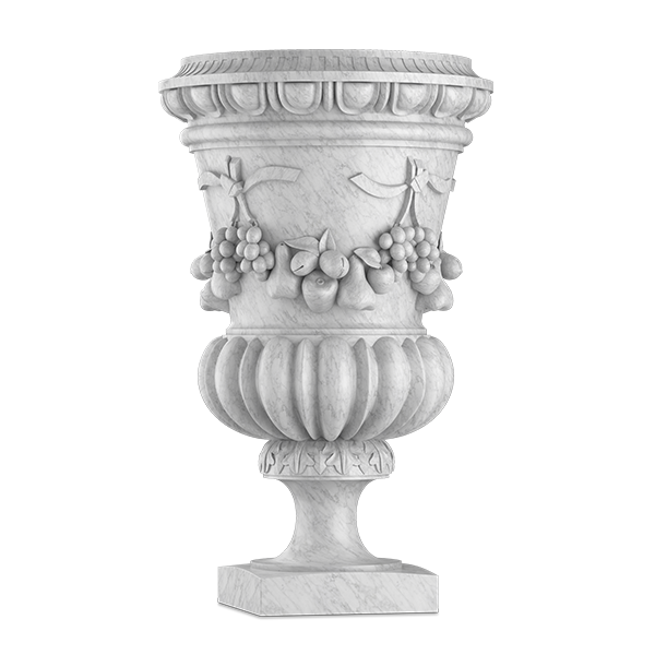 Realistically carved bunches of fruit adorn the main body of this marble planter. The ornate design makes it ideal as a statement piece in a traditional setting, whether it’s in a formal garden or a spacious conservatory.